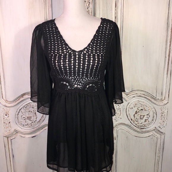 Pinky Sheer and Crocheted Bodice Black Bell Sleeve Mini Dress/Tunic Size S NWT - Picture 1 of 11